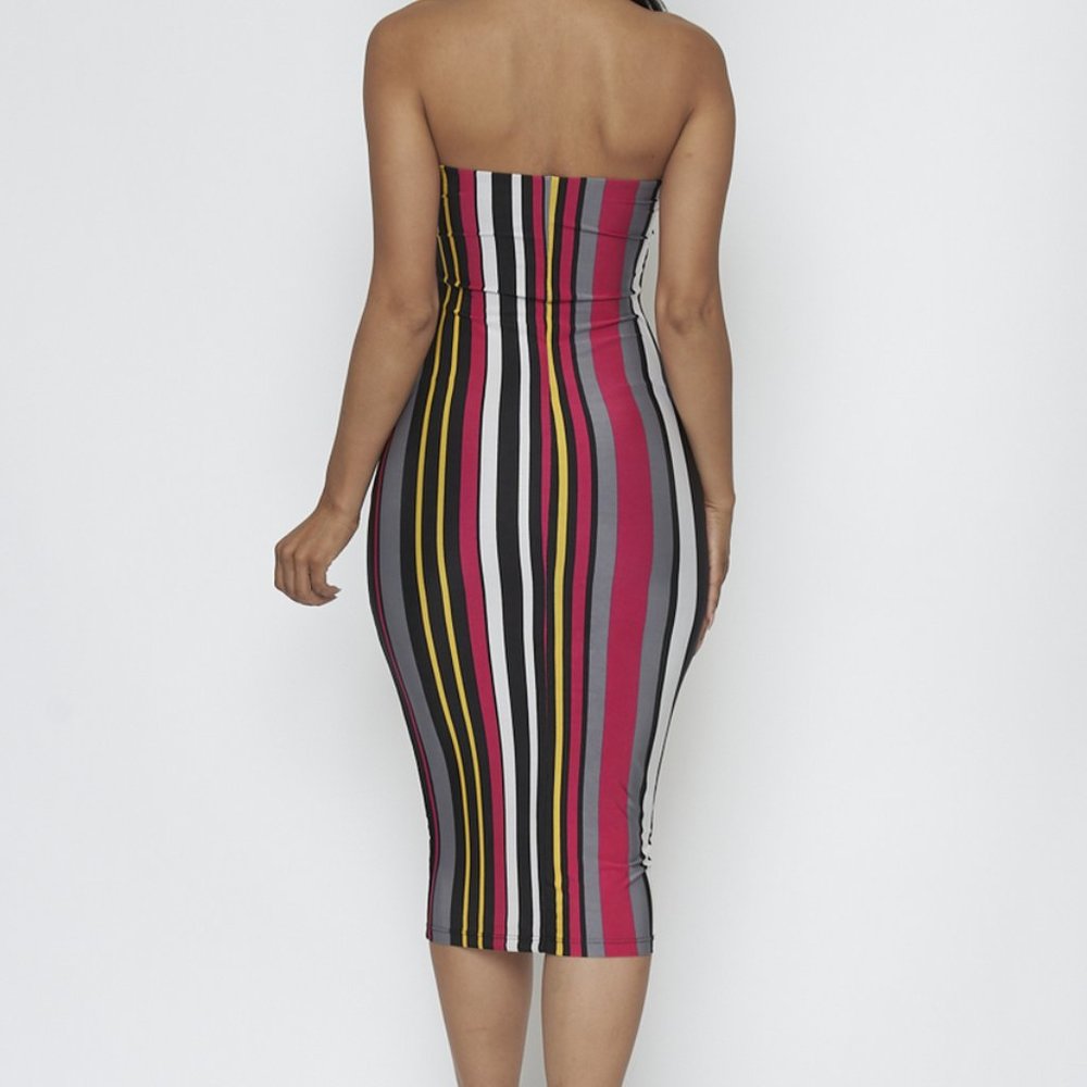 PINK/BLACK STRIPED TUBE MIDI DRESS